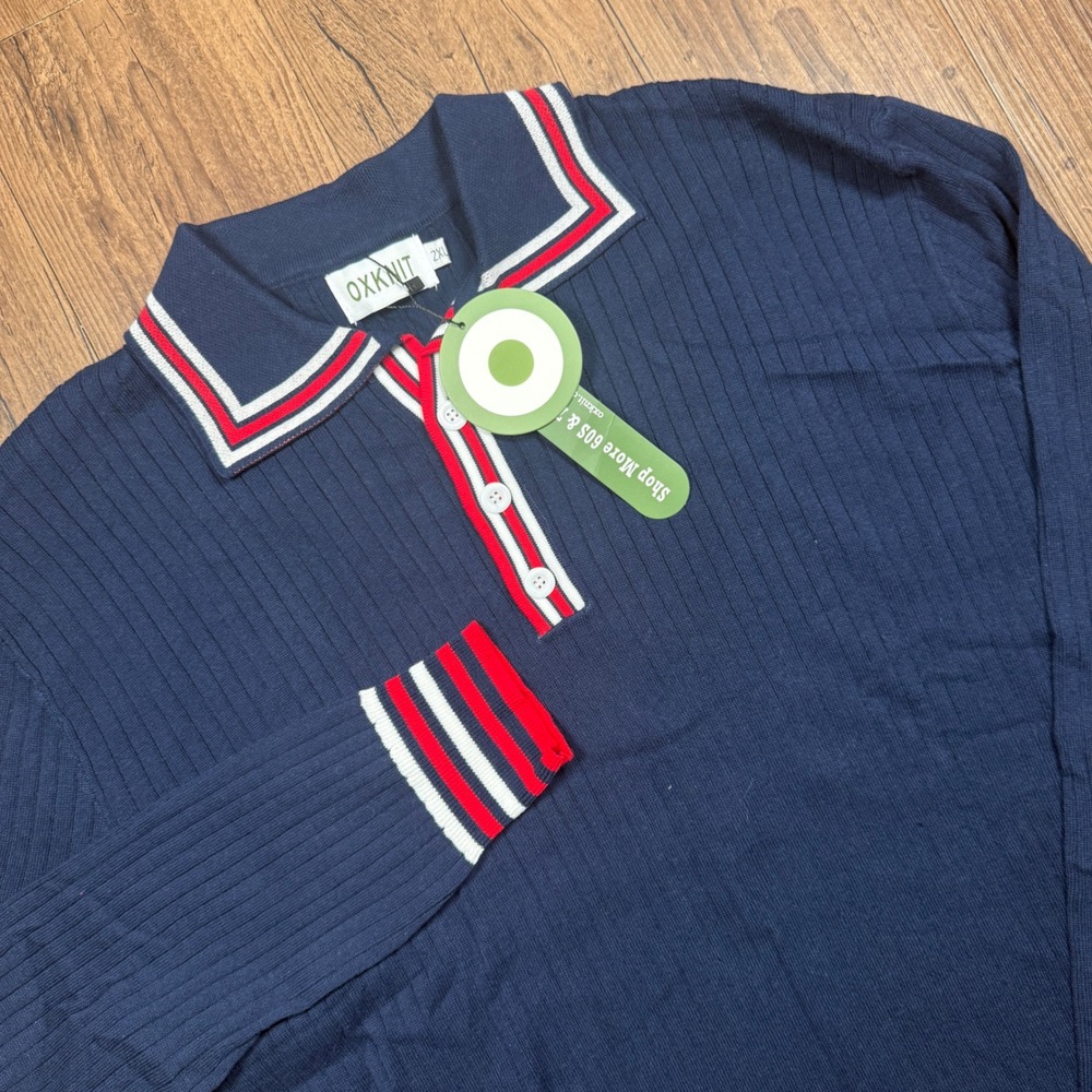 OXKNIT Polo Sweater Mens 2XL Navy Blue Ribbed Knit Long Sleeve Retro 60s 70s NWT